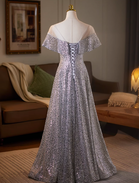 Enchanting Jewel Neck A-Line Short Sleeve Sweet 16th Gowns Sequins Beading Appliques Prom Dress AP5077