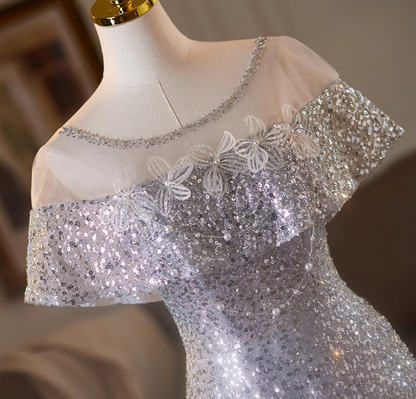 Enchanting Jewel Neck A-Line Short Sleeve Sweet 16th Gowns Sequins Beading Appliques Prom Dress AP5077