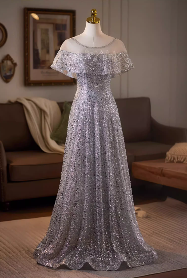 Enchanting Jewel Neck A-Line Short Sleeve Sweet 16th Gowns Sequins Beading Appliques Prom Dress AP5077