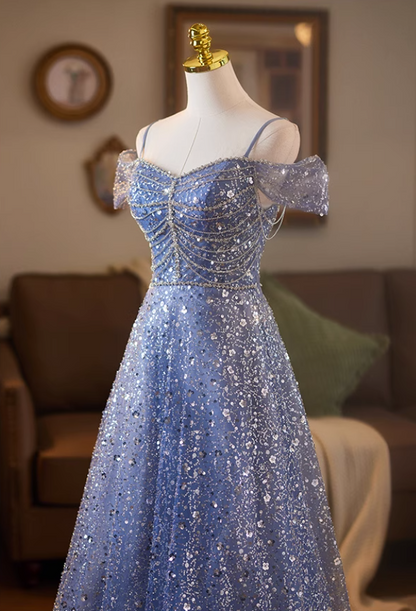 Superb Off-Shoulder A-Line Sweet 16th Dresses Sequins Beading Blue Prom Dress AP5078