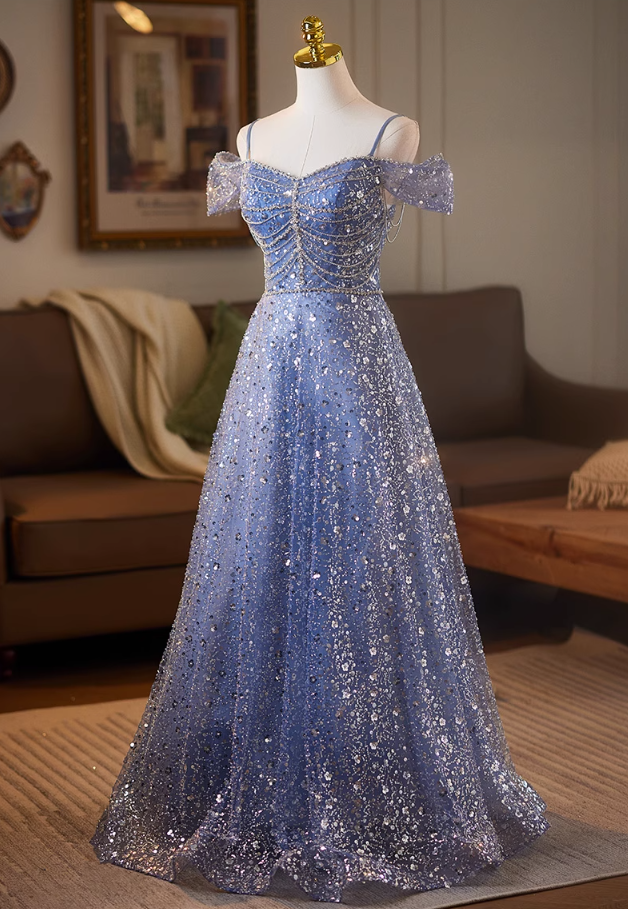 Superb Off-Shoulder A-Line Sweet 16th Dresses Sequins Beading Blue Prom Dress AP5078