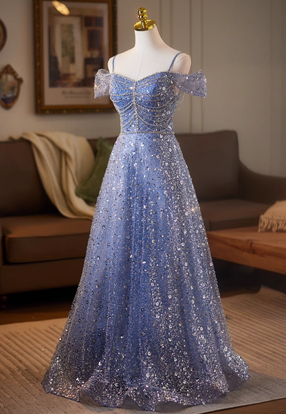 Superb Off-Shoulder A-Line Sweet 16th Dresses Sequins Beading Blue Prom Dress AP5078