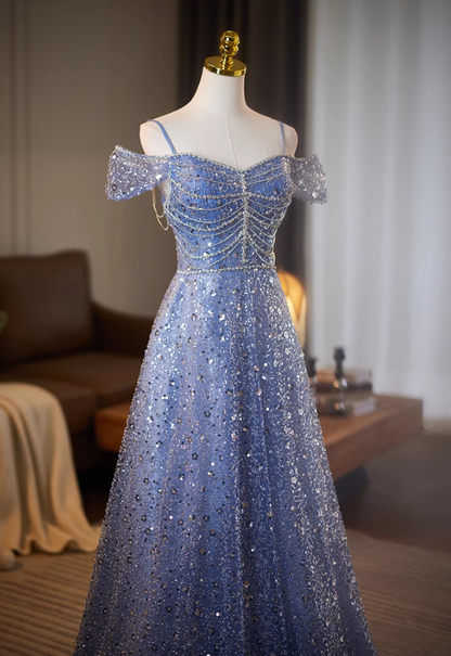 Superb Off-Shoulder A-Line Sweet 16th Dresses Sequins Beading Blue Prom Dress AP5078