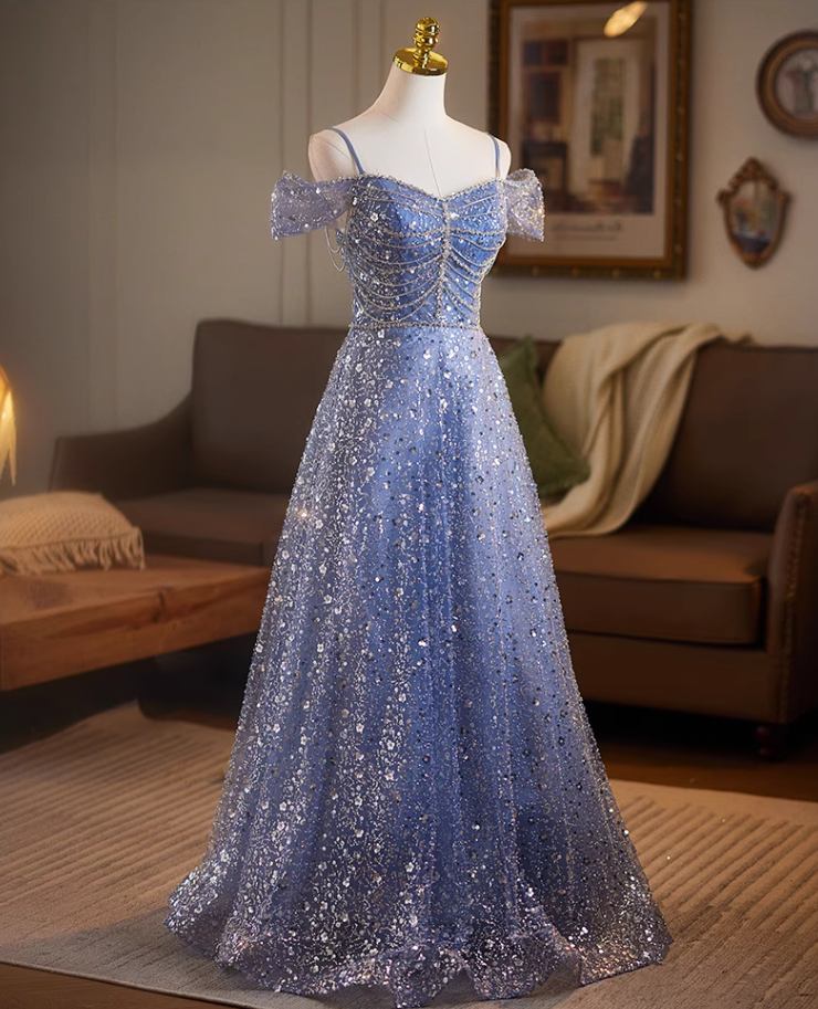 Superb Off-Shoulder A-Line Sweet 16th Dresses Sequins Beading Blue Prom Dress AP5078