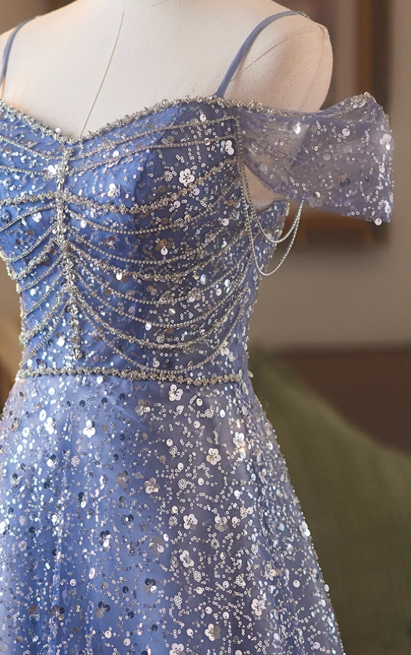 Superb Off-Shoulder A-Line Sweet 16th Dresses Sequins Beading Blue Prom Dress AP5078