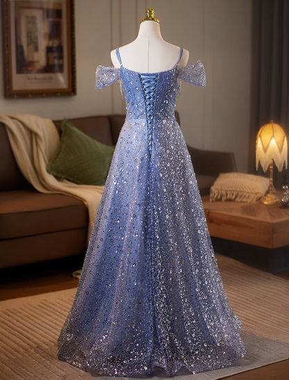 Superb Off-Shoulder A-Line Sweet 16th Dresses Sequins Beading Blue Prom Dress AP5078