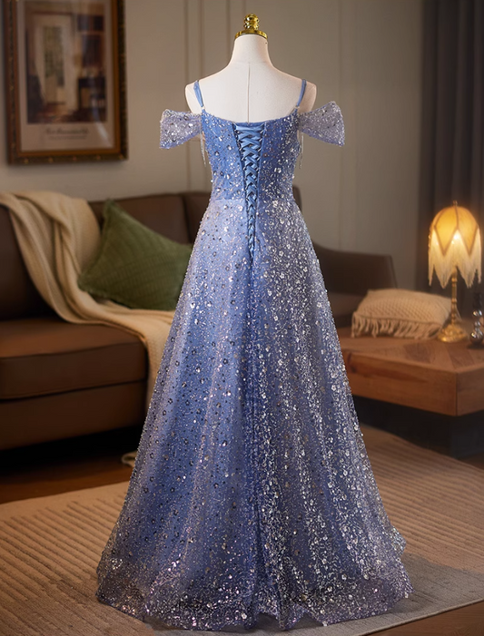 Superb Off-Shoulder A-Line Sweet 16th Dresses Sequins Beading Blue Prom Dress AP5078