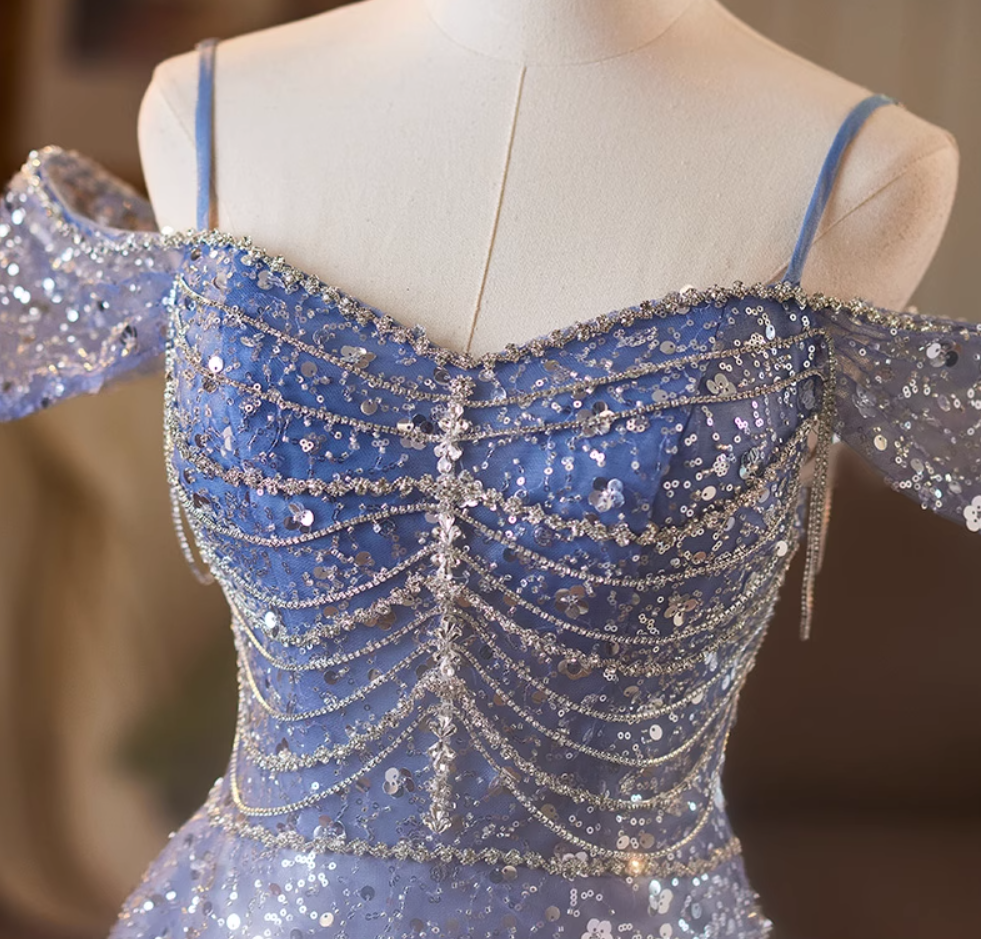 Superb Off-Shoulder A-Line Sweet 16th Dresses Sequins Beading Blue Prom Dress AP5078