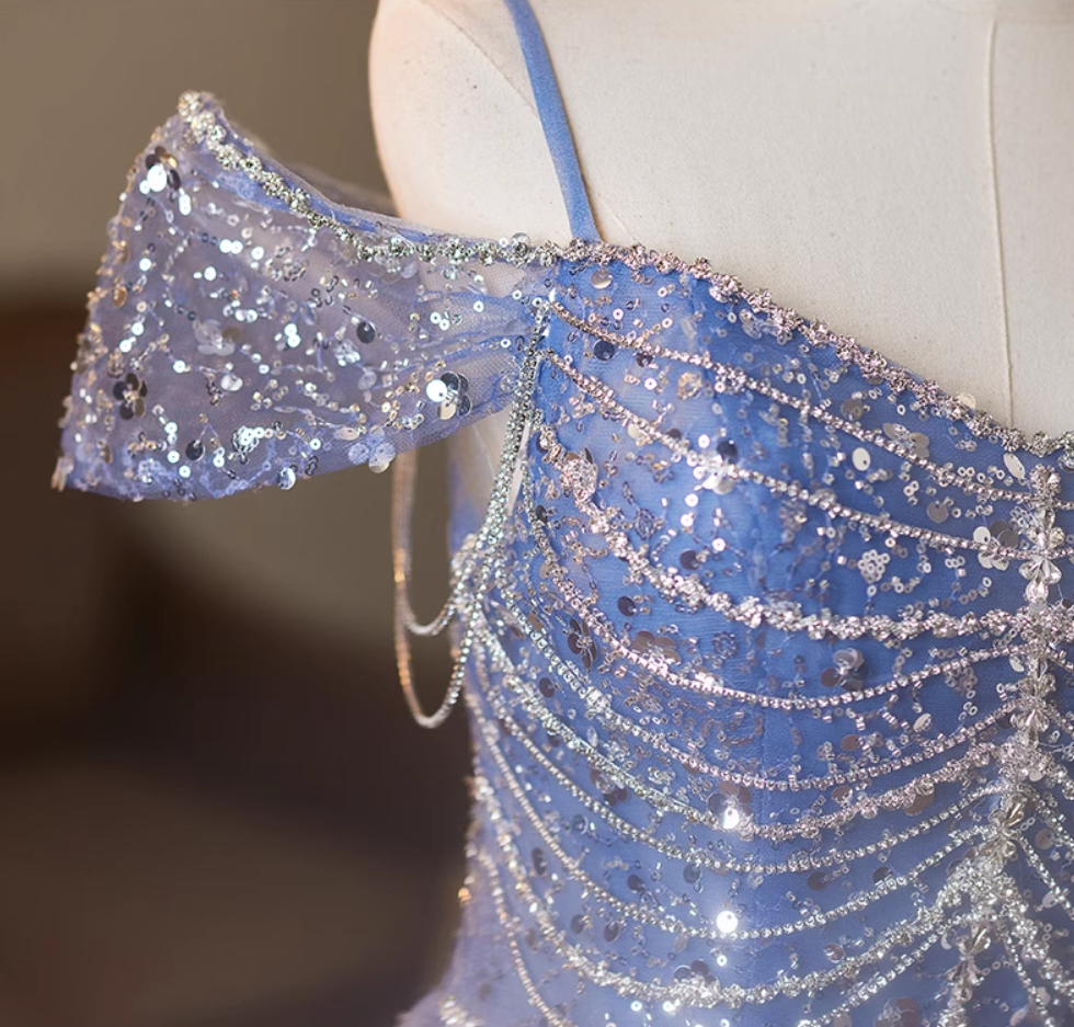 Superb Off-Shoulder A-Line Sweet 16th Dresses Sequins Beading Blue Prom Dress AP5078