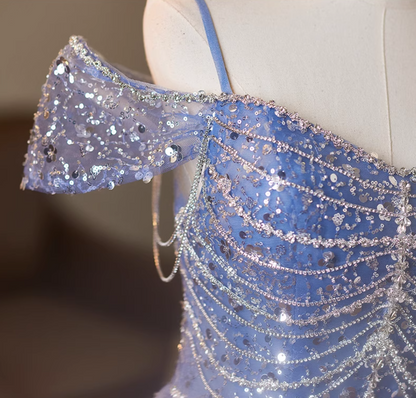Superb Off-Shoulder A-Line Sweet 16th Dresses Sequins Beading Blue Prom Dress AP5078