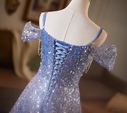 Superb Off-Shoulder A-Line Sweet 16th Dresses Sequins Beading Blue Prom Dress AP5078