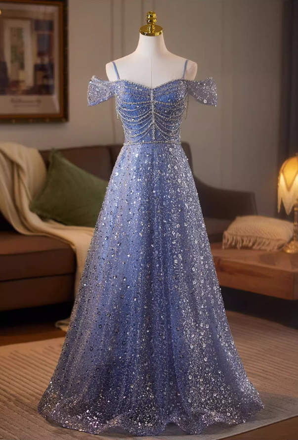 Superb Off-Shoulder A-Line Sweet 16th Dresses Sequins Beading Blue Prom Dress AP5078