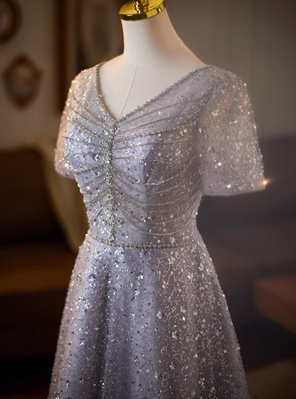 Wonderful V Neck A-Line Short Sleeve Sweet 16th Gowns Sequins Beading Prom Dress AP5079
