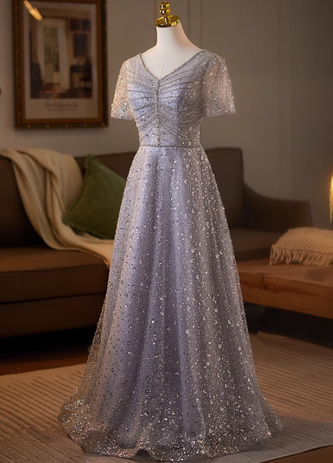 Wonderful V Neck A-Line Short Sleeve Sweet 16th Gowns Sequins Beading Prom Dress AP5079