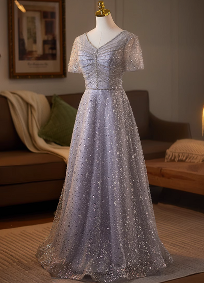 Wonderful V Neck A-Line Short Sleeve Sweet 16th Gowns Sequins Beading Prom Dress AP5079