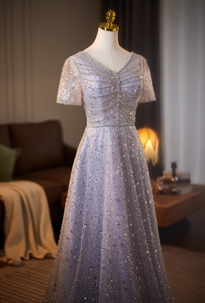 Wonderful V Neck A-Line Short Sleeve Sweet 16th Gowns Sequins Beading Prom Dress AP5079