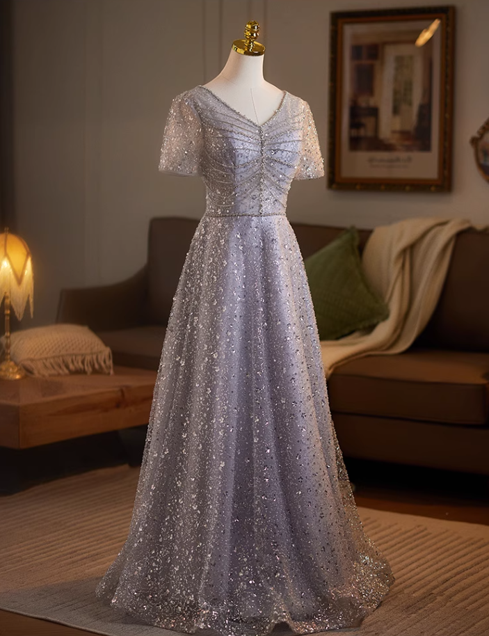 Wonderful V Neck A-Line Short Sleeve Sweet 16th Gowns Sequins Beading Prom Dress AP5079