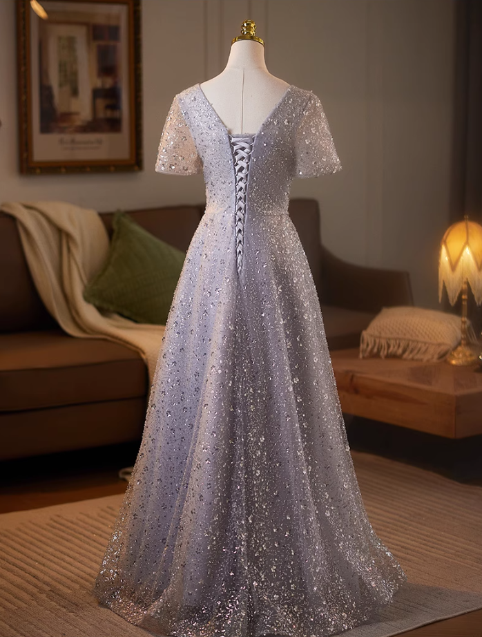 Wonderful V Neck A-Line Short Sleeve Sweet 16th Gowns Sequins Beading Prom Dress AP5079