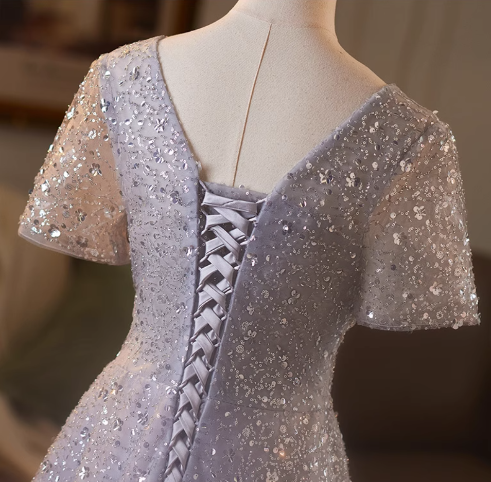 Wonderful V Neck A-Line Short Sleeve Sweet 16th Gowns Sequins Beading Prom Dress AP5079