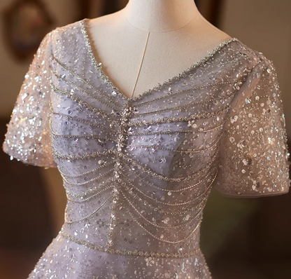 Wonderful V Neck A-Line Short Sleeve Sweet 16th Gowns Sequins Beading Prom Dress AP5079