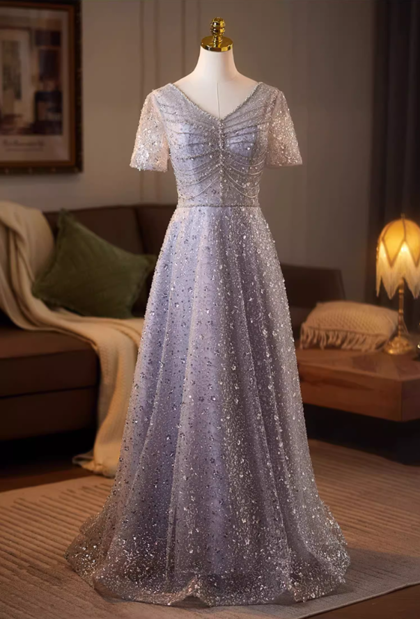 Wonderful V Neck A-Line Short Sleeve Sweet 16th Gowns Sequins Beading Prom Dress AP5079