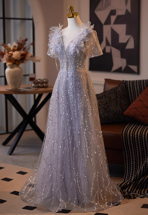 Amazing V Neck A-Line Short Sleeve Tulle Sweet 16th Gowns Appliques Sequins Beading Prom Dress AP5080