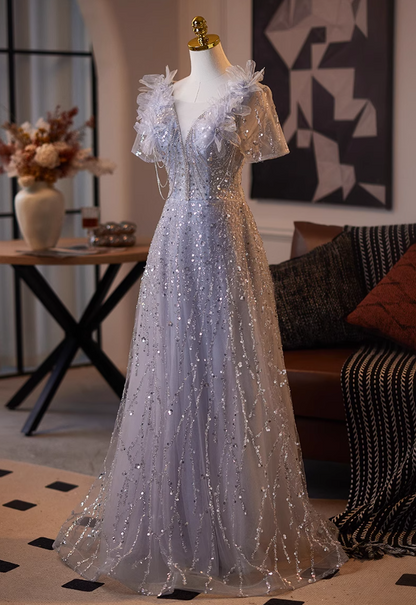 Amazing V Neck A-Line Short Sleeve Tulle Sweet 16th Gowns Appliques Sequins Beading Prom Dress AP5080