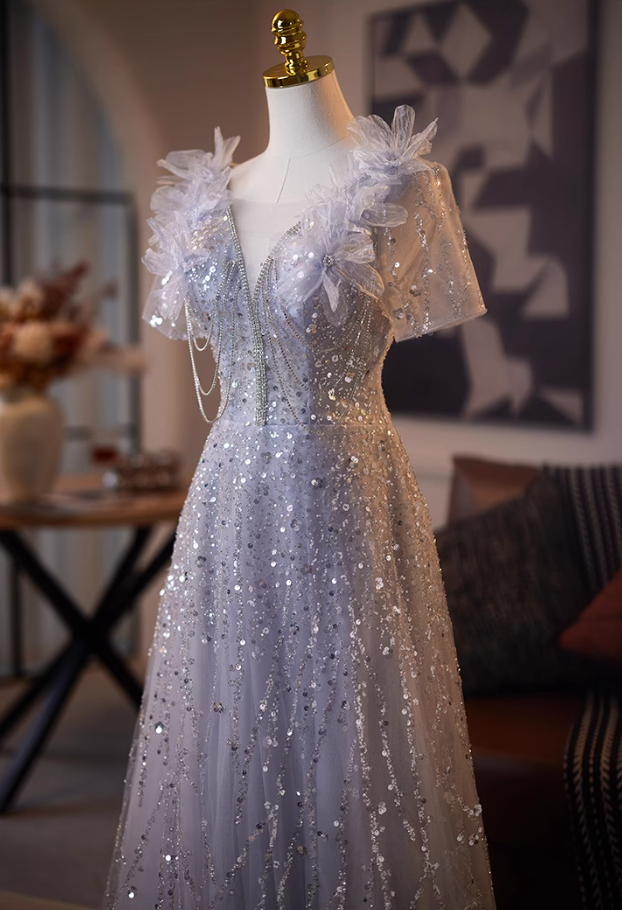Amazing V Neck A-Line Short Sleeve Tulle Sweet 16th Gowns Appliques Sequins Beading Prom Dress AP5080