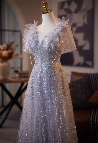 Amazing V Neck A-Line Short Sleeve Tulle Sweet 16th Gowns Appliques Sequins Beading Prom Dress AP5080