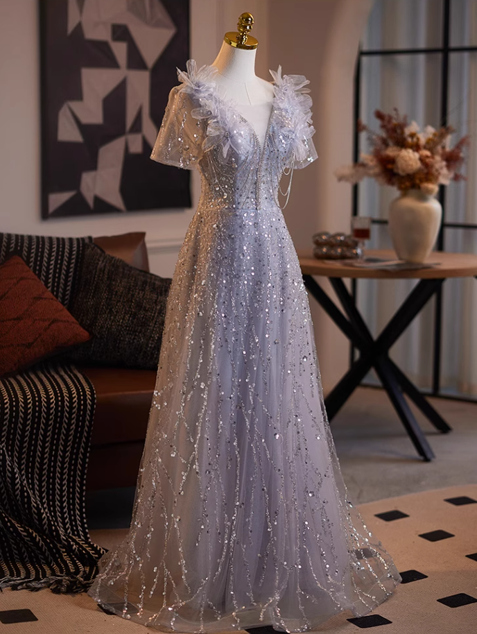 Amazing V Neck A-Line Short Sleeve Tulle Sweet 16th Gowns Appliques Sequins Beading Prom Dress AP5080