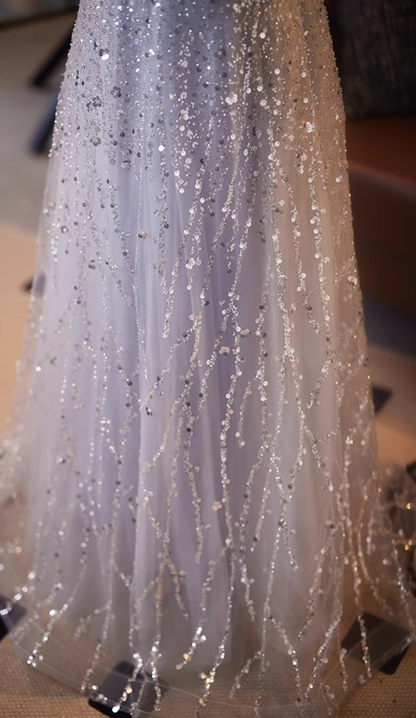 Amazing V Neck A-Line Short Sleeve Tulle Sweet 16th Gowns Appliques Sequins Beading Prom Dress AP5080