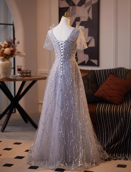 Amazing V Neck A-Line Short Sleeve Tulle Sweet 16th Gowns Appliques Sequins Beading Prom Dress AP5080