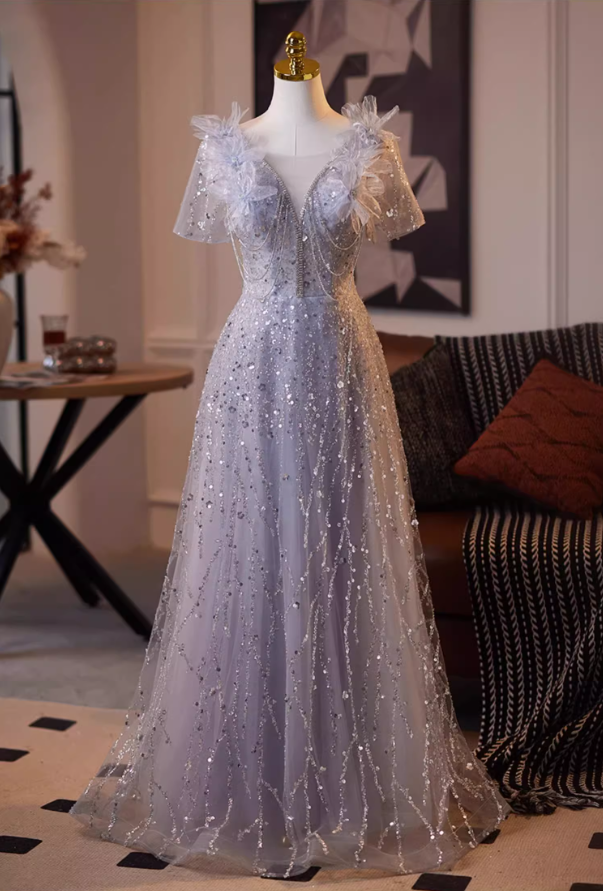 Amazing V Neck A-Line Short Sleeve Tulle Sweet 16th Gowns Appliques Sequins Beading Prom Dress AP5080