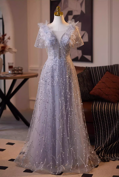 Amazing V Neck A-Line Short Sleeve Tulle Sweet 16th Gowns Appliques Sequins Beading Prom Dress AP5080
