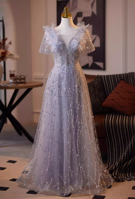 Amazing V Neck A-Line Short Sleeve Tulle Sweet 16th Gowns Appliques Sequins Beading Prom Dress AP5080