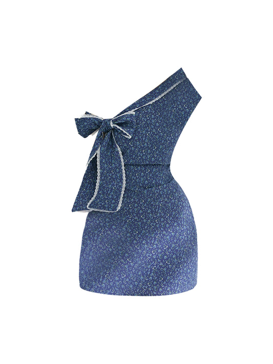 Fascinating Navy Blue Floral One-Shoulder Mini Dress Vintage Bow Detail Bodycon White Ruffled Trim Short Dress AP5082