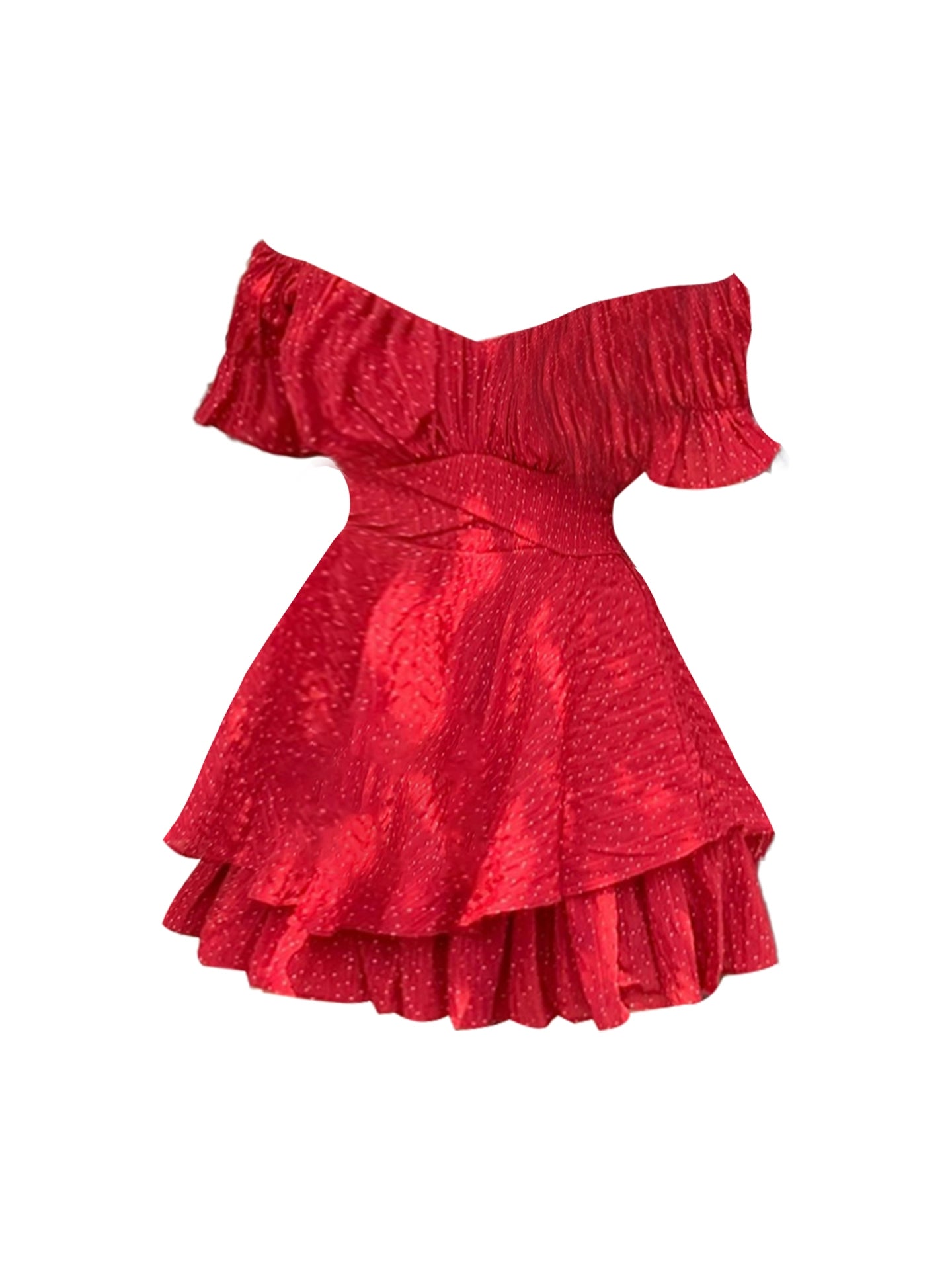 Enticing Ruffles Cinched Waist A-Line Mini Skirt Vibrant Red Off-the-Shoulder V-Neck Short Dress AP5084