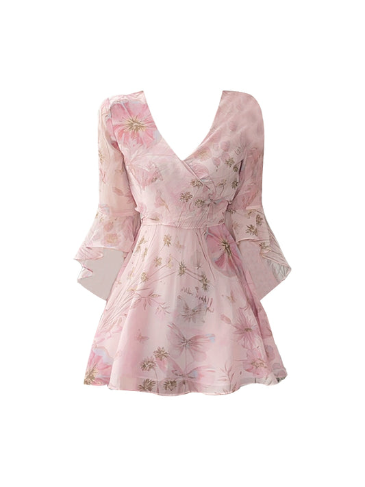 Avant-Garde Soft Pink Floral Print V-Neck Mini Skirt Sweet Long Bell-Sleeve A-Line Short Dress AP5085