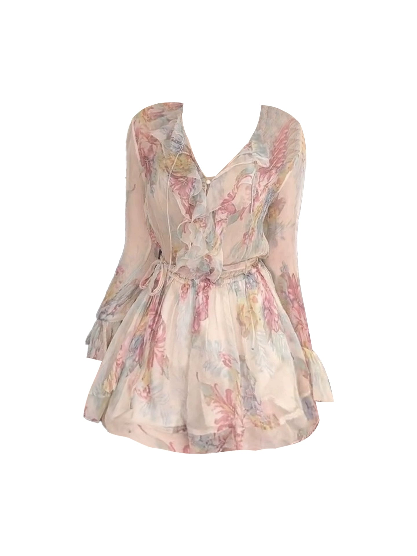 Fresh Long Ruffled Sleeve A-Line Mini Skirt Charming Light Pastel Floral Print V-Neck Short Dress AP5086