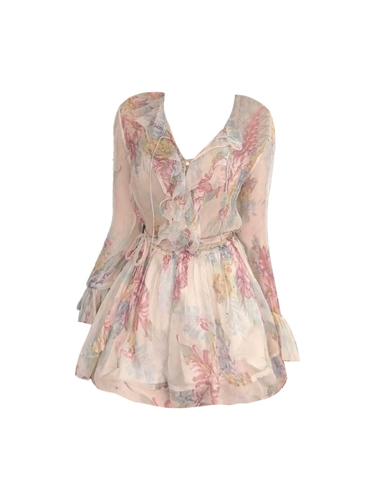 Fresh Long Ruffled Sleeve A-Line Mini Skirt Charming Light Pastel Floral Print V-Neck Short Dress AP5086