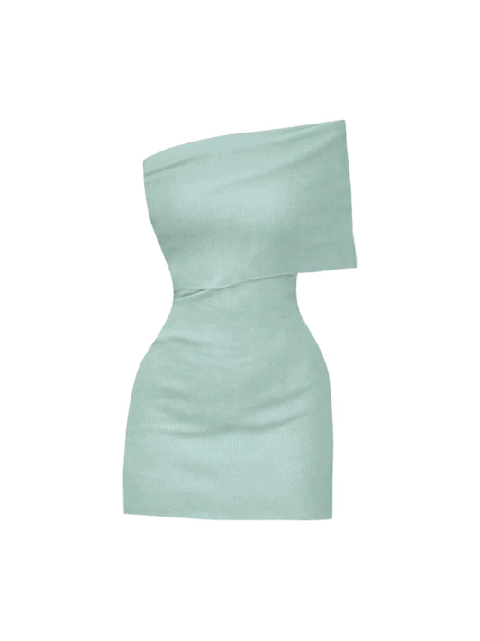Sleek Soft Fabric One-Shoulder Bodycon Mini Dress Chic Mint Green One-Shoulder Ribbed Knit Short Dress AP5087