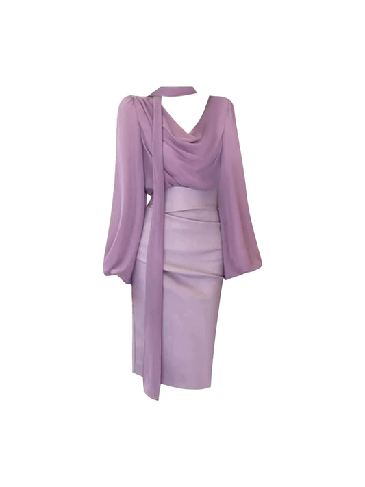 Exquisite Long Sleeve Sheath 2-Piece Set Midi Skirt Chic Soft Lavender Drape-Neck Short Dress AP5089