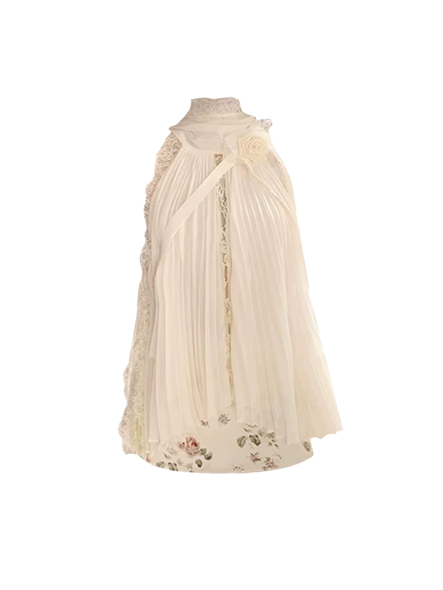 Romantic A-Line 3D Rose Drape Fringe Lace Hem Pleated Mini Skirt Chic Cream 2-Piece Set Floral Print Short Dress AP5090