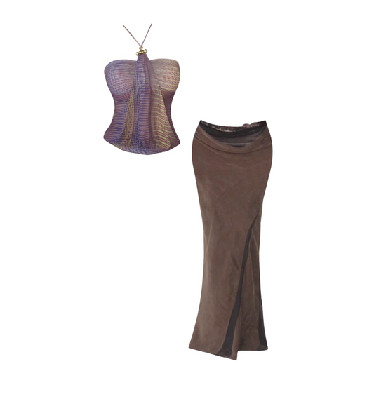 Boho-Style Purple Textured Top Dark Brown Maxi Dress Vintage Halter Neck Sheath 2-Piece Long Dress AP5091
