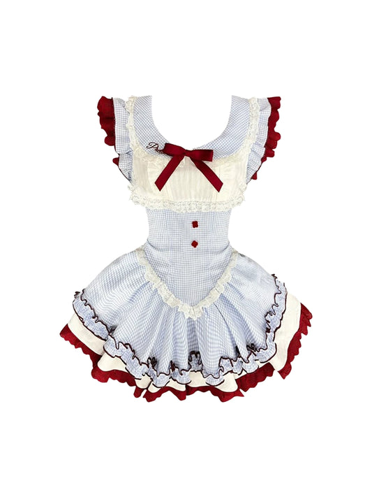 Romantic Blue & White Gingham Sleeveless A-Line Mini Skirt Sweet Jewel Neck Red Bow Ruffled Lace Trim Short Dress AP5092