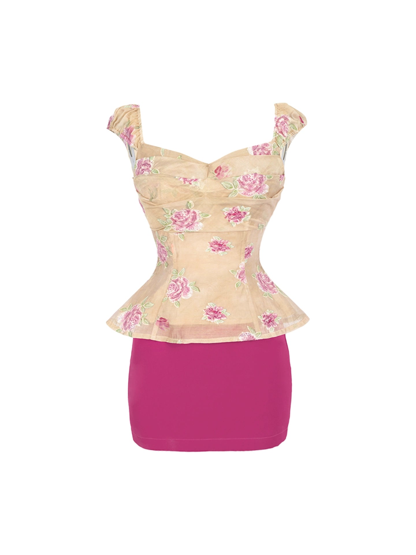 Retro Vibe Square Neck 2-Piece Set Bodycon Mini Dress Trendy Beige Rose Print Peplum Top Magenta Slim-Fit Short Dress AP5093