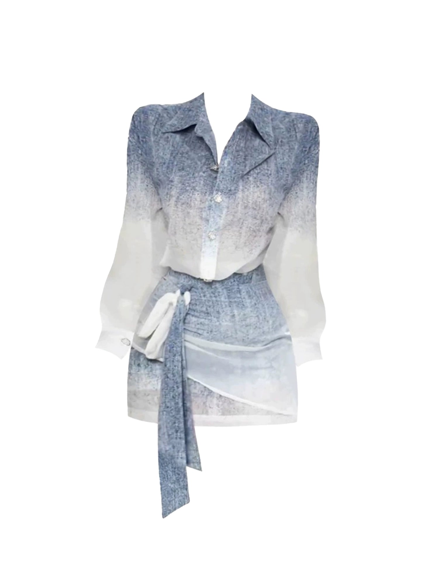 Ornate Two-Piece Lapel Collar Button-Front Sheath Mini Skirt Chic Blue & White Ombre Sheer Long Sleeves Short Dress AP5094