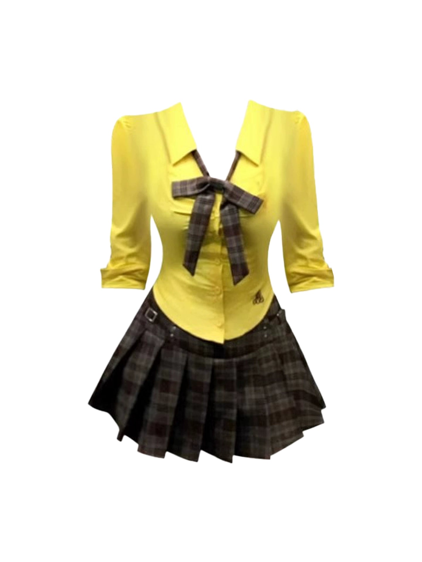 Fabulous Long Sleeve A-Line Plaid Bow Pleated Mini Skirt Trendy Lapel Collar Bright Yellow Shirt 2-Piece Outfit Short Dress AP5095