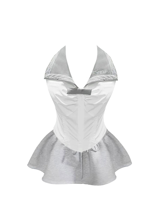 Vogue Light Gray Bow Detail A-Line Mini Skirt Sexy Sailor-Collar White Sleeveless Short Dress AP5099