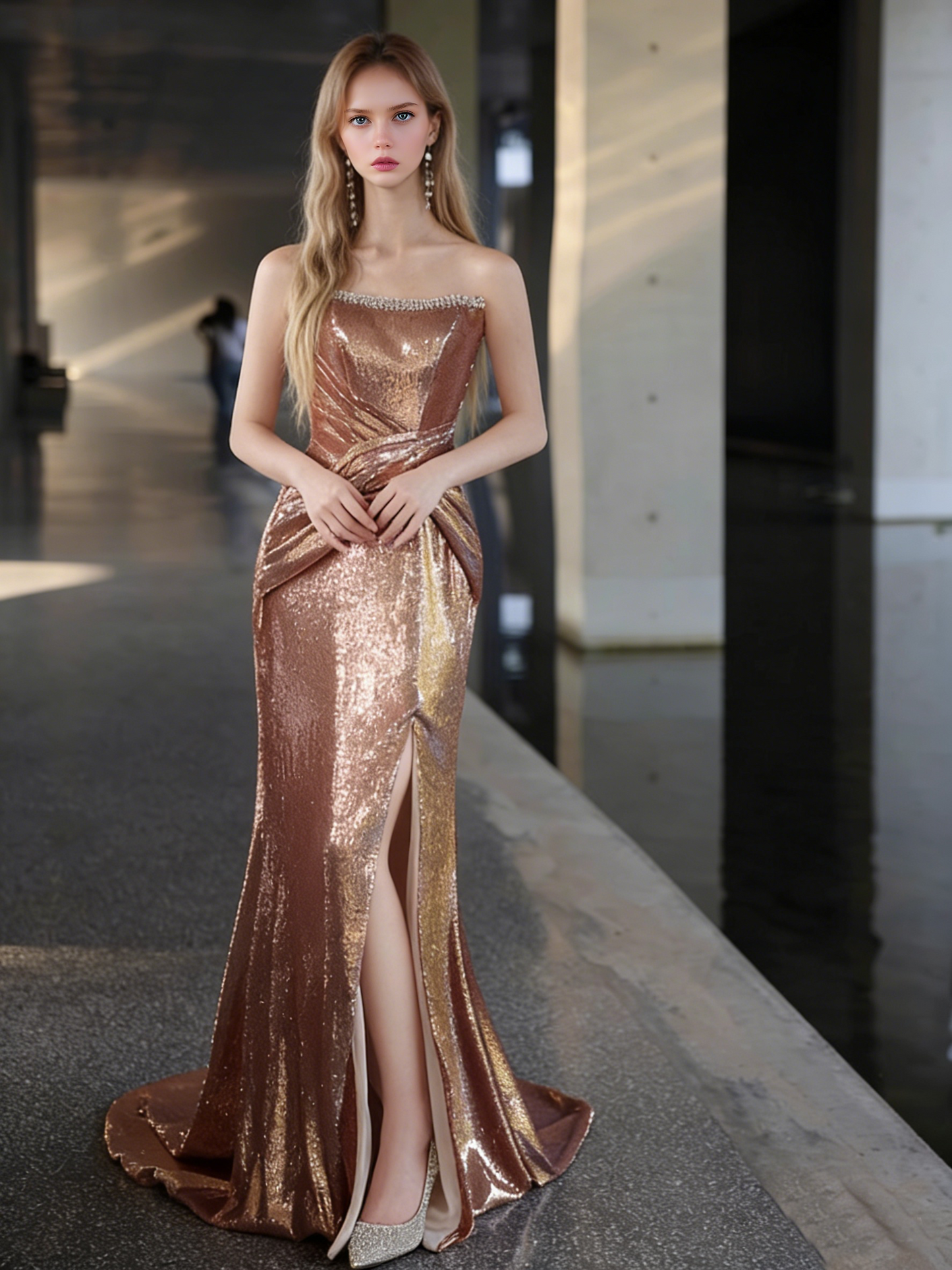 Luxurious Strapless Evening Mermaid Gowns Sequins Beading High-Slit Prom Dress AP5100